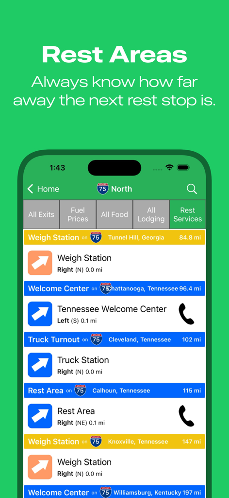 iExit Interstate Exit Guide - Smartphone screen showing the iExit app list of upcoming rest areas and weigh stations on the interstate