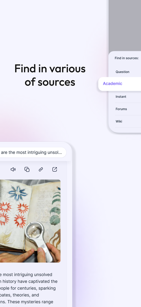 iAsk Ai - Ask AI (Unlimited) - Interface de l'application iAsk Ai montrant les options de recherche sur les forums universitaires et les sources wiki pour des informations détaillées