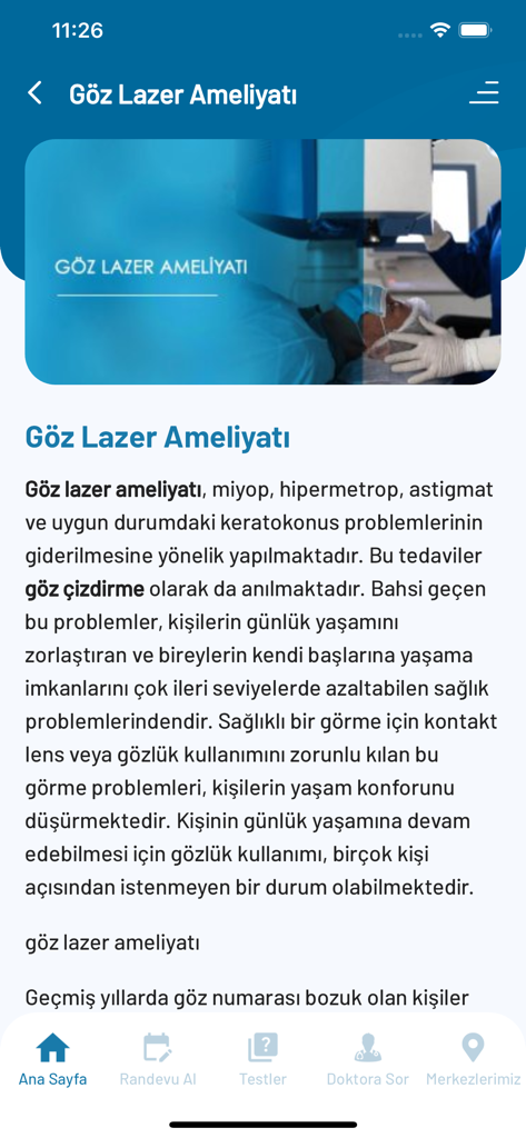 Veni Vidi Göz - Página de información sobre cirugía ocular con láser en la aplicación móvil Veni Vidi Goz