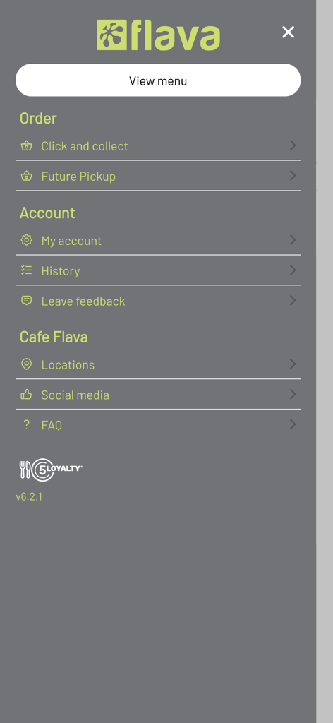 Navigation menu of the Cafe Flava app showing ordering options and account settings