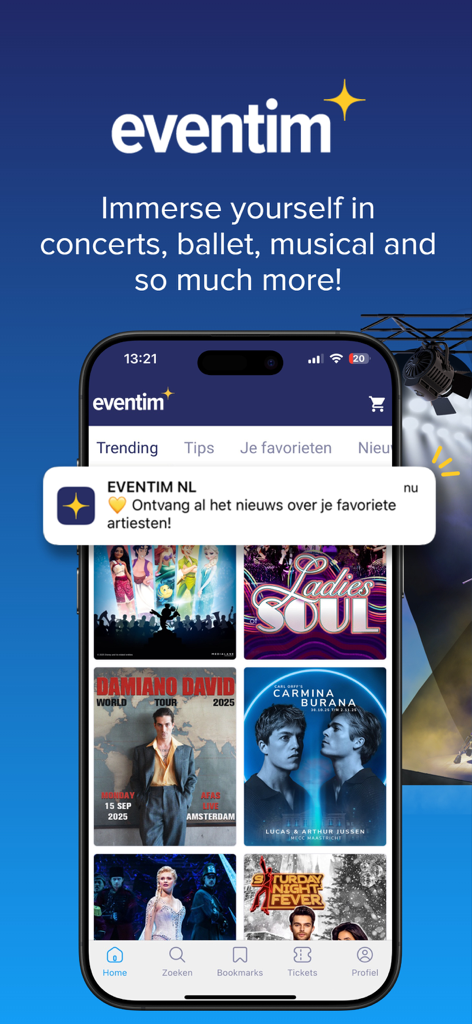 EVENTIM NL/BE - Tela inicial do aplicativo Eventim exibindo shows e peças em alta com um banner de notificação push