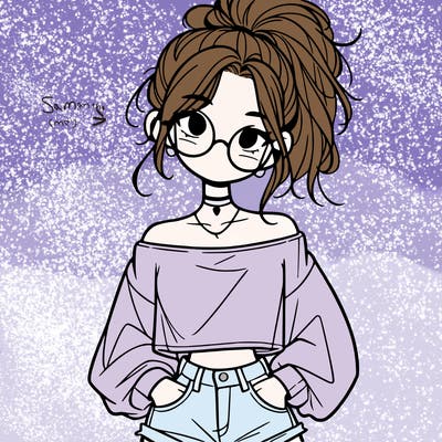 girl with a messy ponytail glasses a baggy crop top and jean shorts