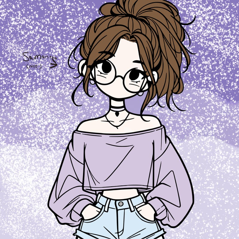 girl with a messy ponytail glasses a baggy crop top and jean shorts