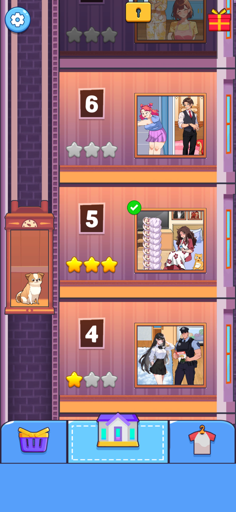 Brain Up - Drama Puzzle Game - Level selection screen in Brain Up Drama Puzzle Game featuring an apartment building with different story-driven puzzles