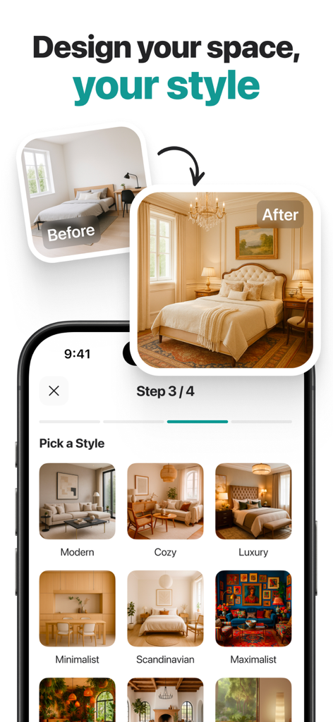 AI Home Design - Renovo - Renovo AI app showing a bedroom makeover before and after with a list of interior design styles