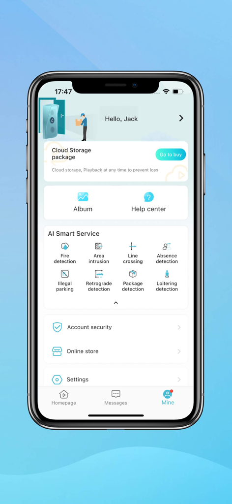 User profile screen of the O-KAM Pro app displaying AI smart services and cloud storage settings