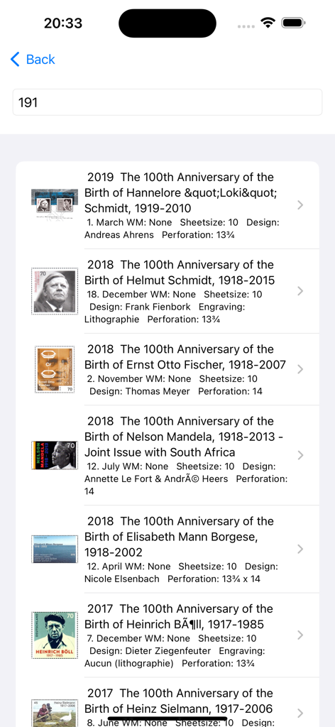 Stamp Collector: World Catalog - A digital stamp catalog list displaying anniversary stamps with detailed philatelic information