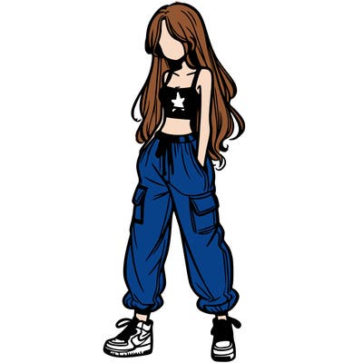 girl in baggy pants crop top and long hair