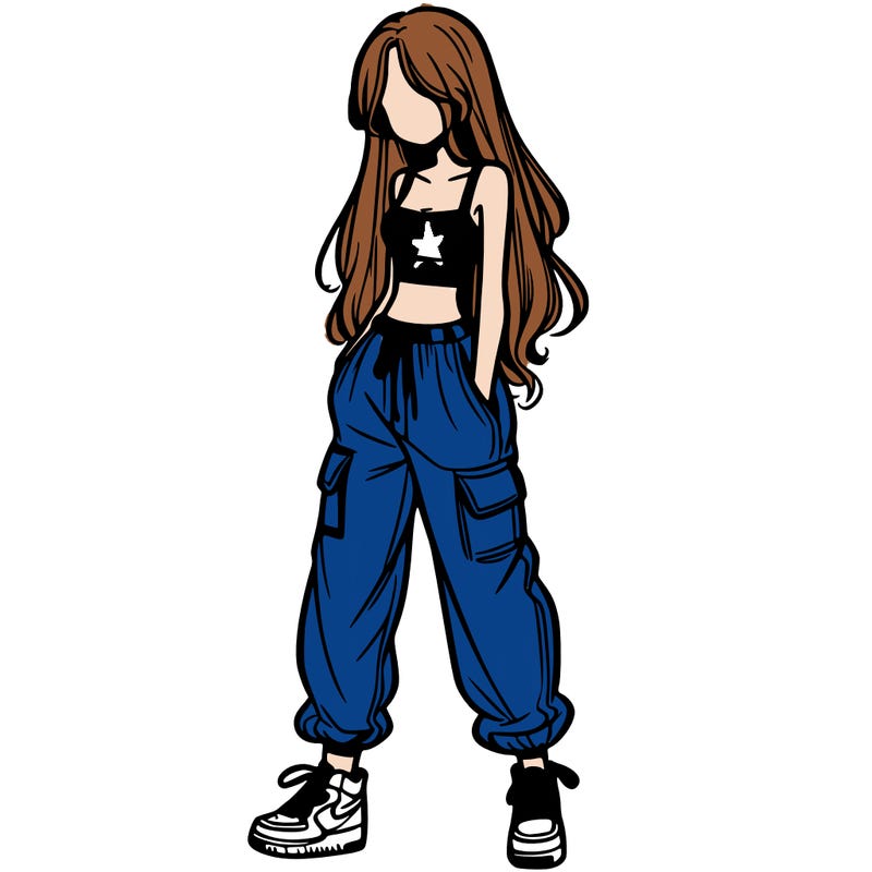 girl in baggy pants crop top and long hair