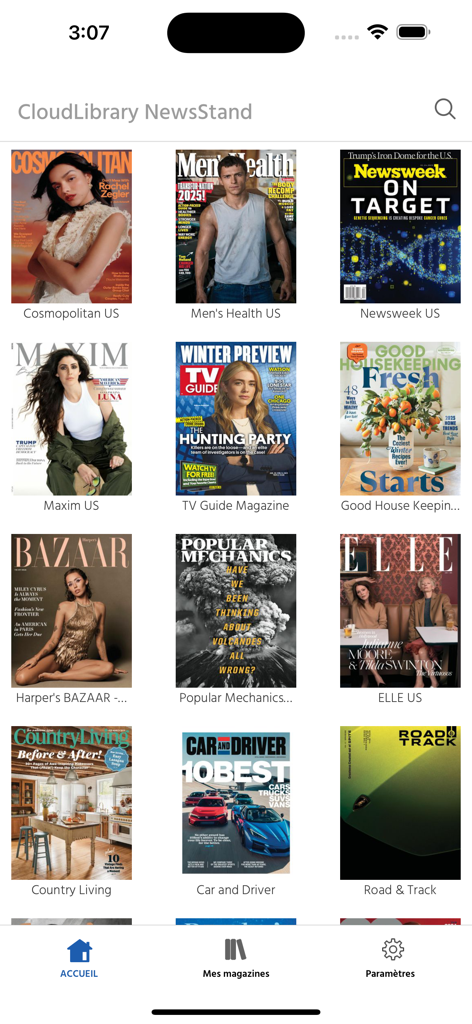 CloudLibrary NewsStand app interface displaying a grid of popular digital magazine covers like Newsweek and Cosmopolitan.