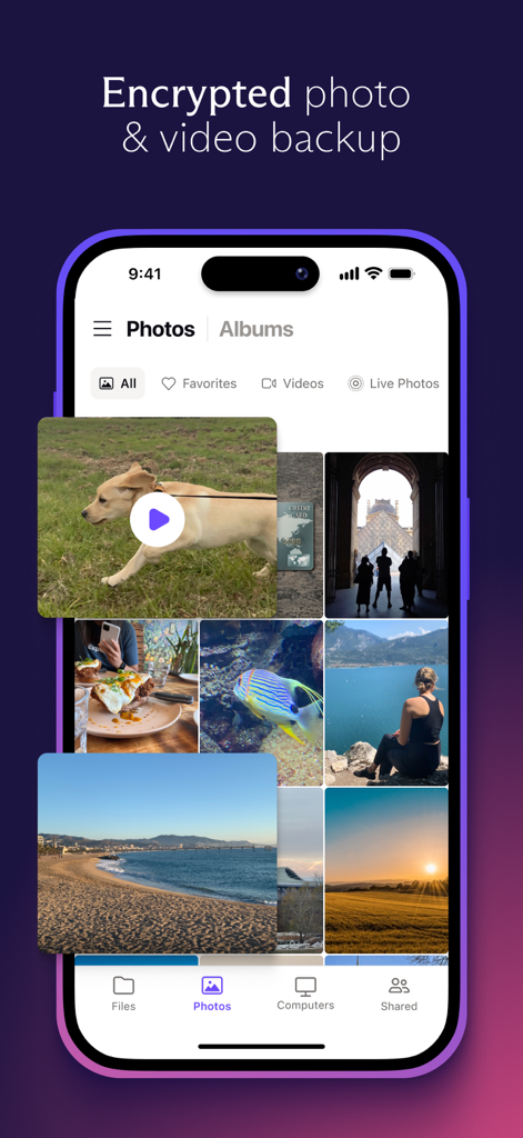 Oberfläche der Proton Drive-Mobil-App, die eine Galerie mit verschlüsselten Foto- und Video-Backups anzeigt