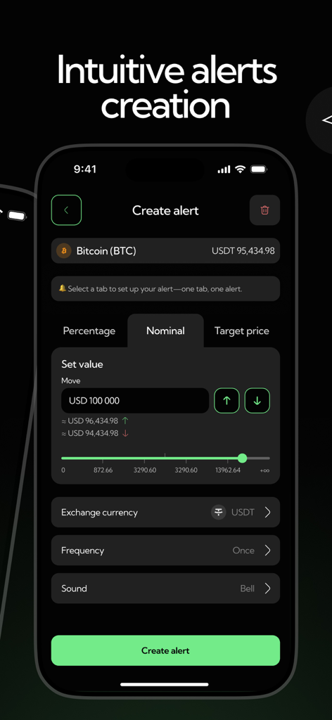 Crypto Buzzer - Interfaz de la aplicación Crypto Buzzer que muestra cómo crear una alerta de movimiento de precio nominal para Bitcoin.