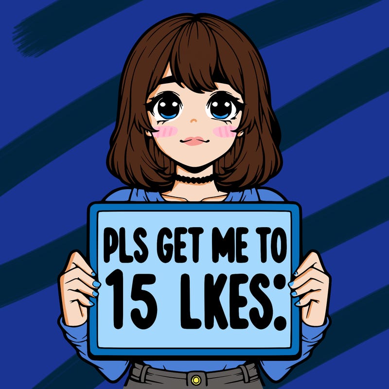 realistic girl holding up a sign that says “pls get me to 15 likes!”