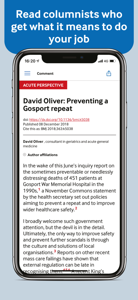 The BMJ - A smartphone screen displaying a medical columnist article within The BMJ app