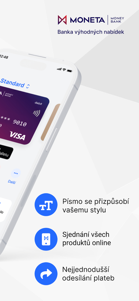 A mobile phone displaying the MONETA Smart Banka app interface with a virtual Visa card and feature icons.