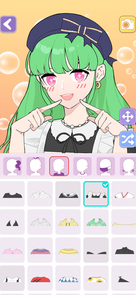 Interfaz de personalización de personaje de anime chica en la aplicación Vlinder Avatar Maker