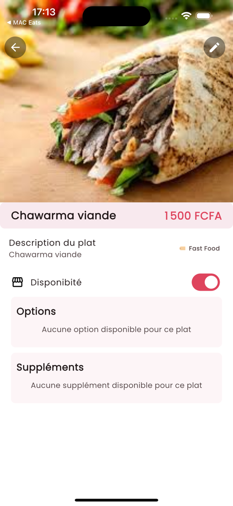 MAC Eats Restaurant - Bildschirm für die Einstellungen von Menüpunkten in der MAC Eats Restaurant App, der den Schalter für die Verfügbarkeit von Gerichten zeigt