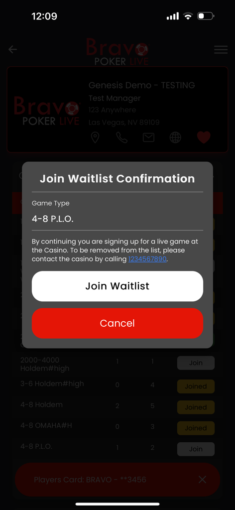 BravoPokerLive - Pantalla de la aplicación BravoPokerLive mostrando una confirmación de lista de espera para una partida de póker en vivo
