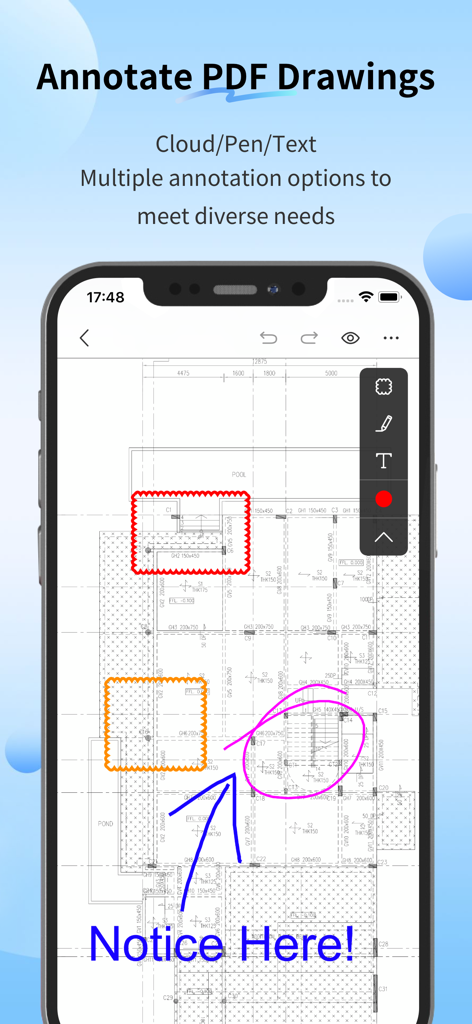 PlanForm - 클라우드 펜 및 텍스트 도구를 사용하여 건축 청사진에 주석을 달기 위한 PlanForm 모바일 앱 인터페이스