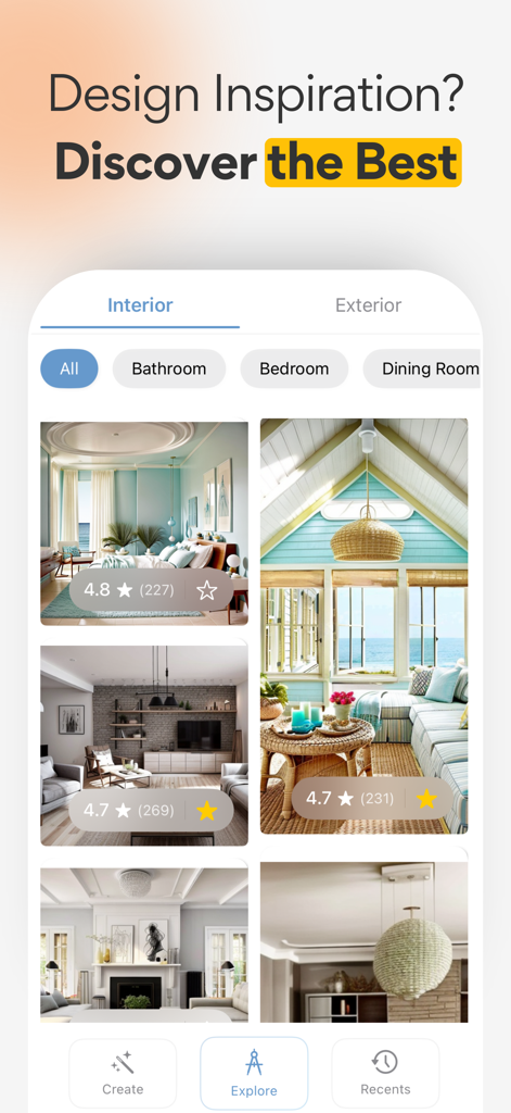 AI Home Design: Interior ARCAI - Captura de tela do aplicativo móvel Arc AI mostrando galeria de inspiração de design de interiores e categorias de ambientes