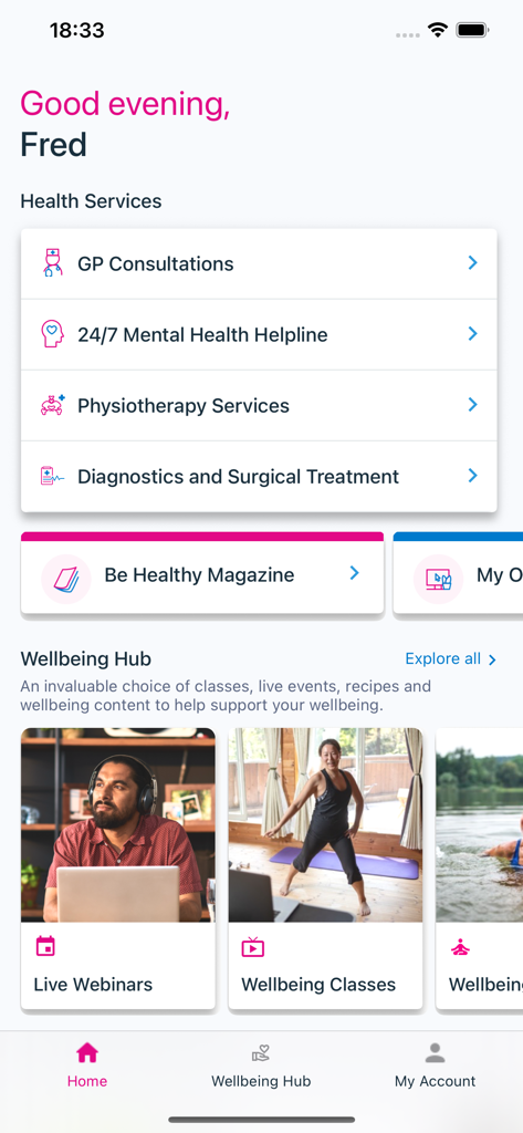 Benenden Health - Benenden Health app home screen featuring health services like GP consultations mental health helpline and wellbeing hub classes