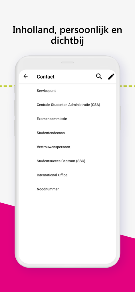 Inholland Iris - Screenshot of the Inholland Iris app showing a list of campus contact services including student administration and the international office.
