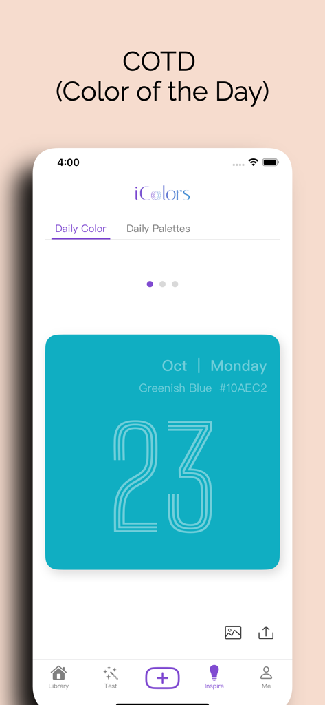 iColors - Color palette muse - Eine Oberfläche der mobilen App, die die Funktion „Farbe des Tages“ mit einer grünlich-blauen Farbkarte für den 23. Oktober anzeigt.