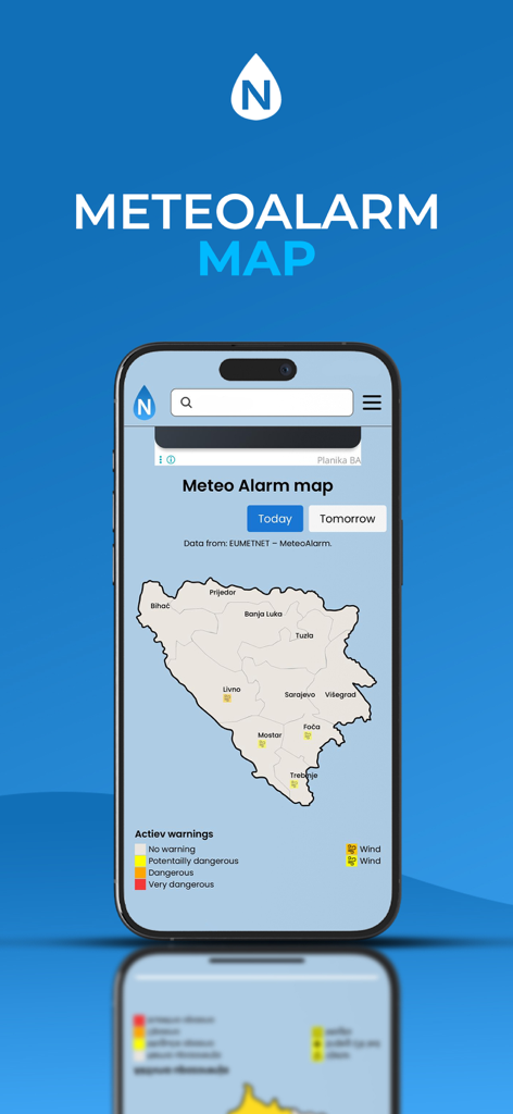 Novo Weather - Novo Weather app screen showing a Meteo Alarm map with color coded weather warnings and wind icons