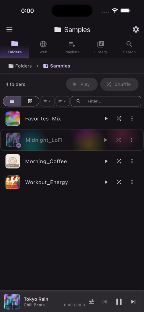 QuickPlayer - Music & Video - QuickPlayer app interface showing the local folders view with a list of music categories including Midnight LoFi and Workout Energy