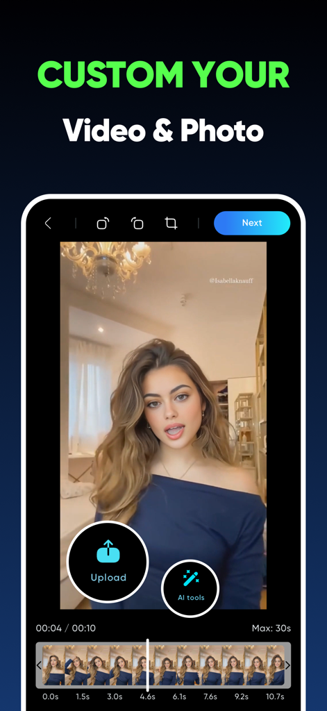 uSwap: AI Face Swap & Lipsync - Interface of uSwap app showing custom video and photo editing features with AI tools