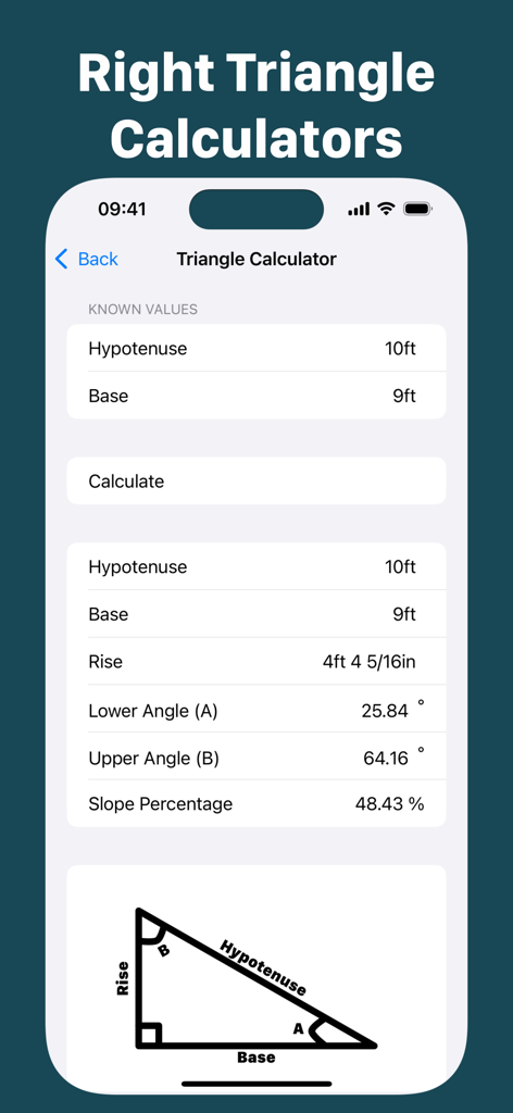 Chippy Tools: Construction - Interface of the Chippy Tools triangle calculator showing dimensions in feet and inches with a right triangle diagram.