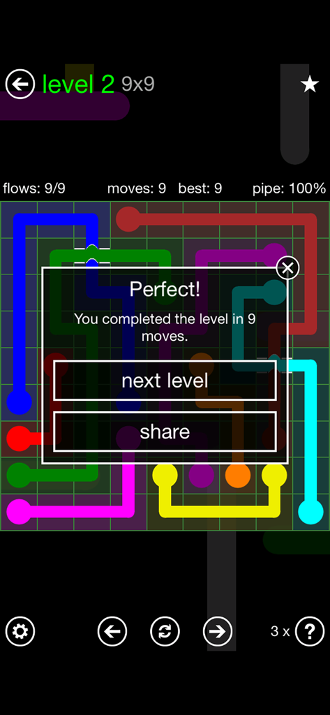 Flow Free: Bridges - A completed puzzle in Flow Free Bridges showing a Perfect status for finishing a 9x9 level in 9 moves.