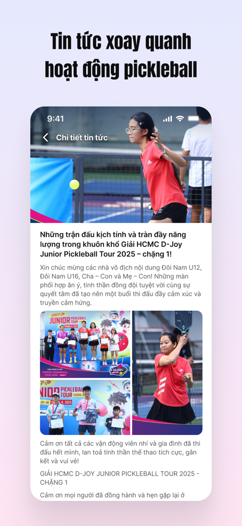 D-PICKL - D-PICKL app screen displaying news and photos from a junior pickleball tournament.