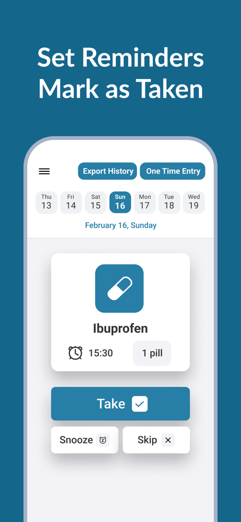 Pill & Medication Reminders - Medication reminder screen showing a dose of Ibuprofen with options to take snooze or skip
