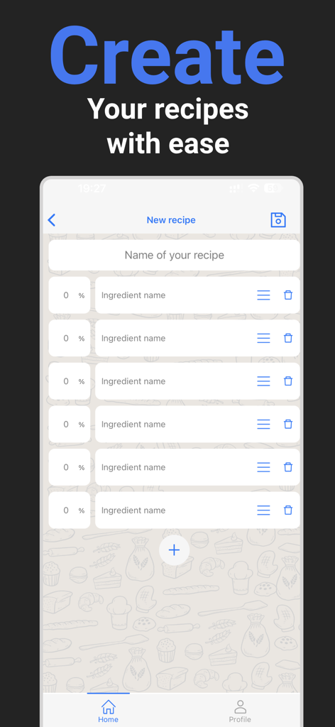 Gluten Morgen - Mobile app interface for creating a new bread recipe with ingredient names and percentages