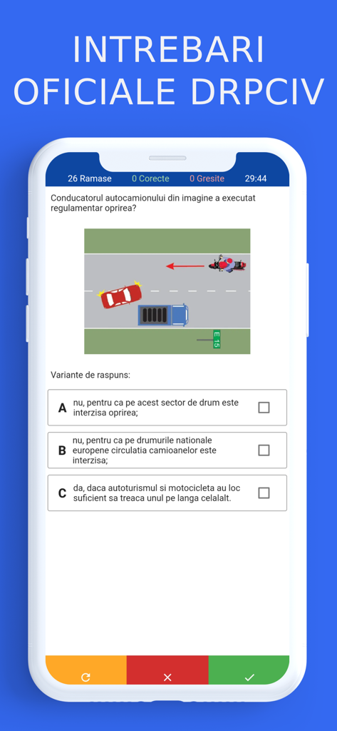 Official Romanian driving license exam question with a traffic diagram illustration