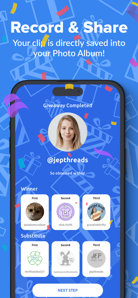 Easy Giveaway Comment Picker - Interface showing winners and substitutes for an Instagram giveaway