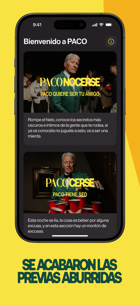 NYXELL app interface displaying the PACO pre-game drinking game modes for nightlife socialites.