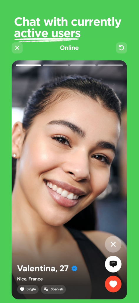 InMessage : Nearby Dating - Interface of the InMessage dating app showing a user profile with the option to chat with active users.