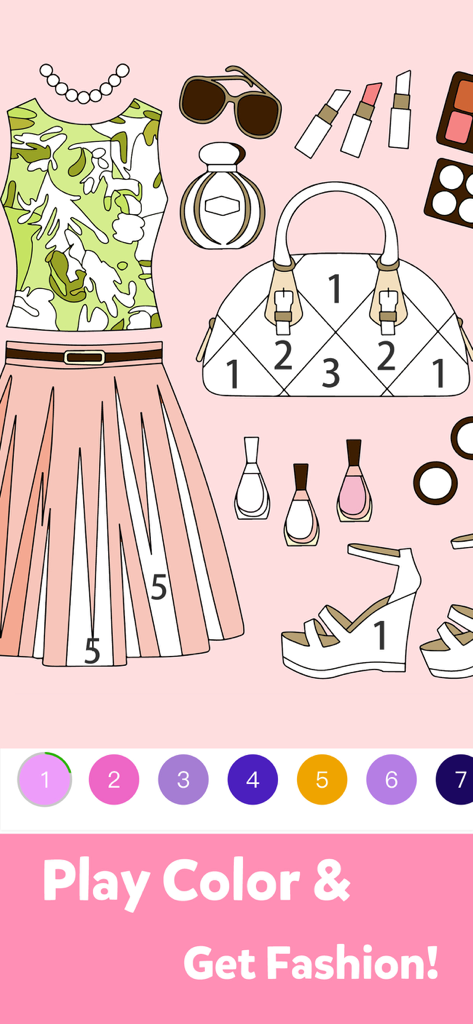 Color Master app fashion coloring page with numbered sections for accessories