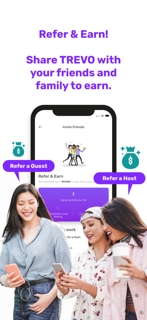 Trevo - Car Sharing Done Right - Three young women using their smartphones to refer friends and family on the Trevo car sharing app referral screen