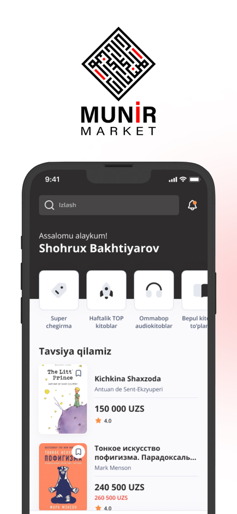 Munir app - Pantalla de inicio de la aplicación Munir Market mostrando una selección de categorías de libros y audiolibros uzbekos