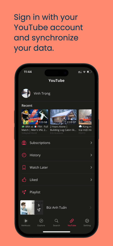MeMusic - Stream Music, Video - MeMusic app screen showing YouTube account synchronization with history, playlists, and recently watched videos.