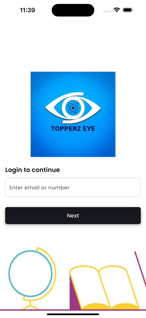 Topperz Eyes - Login screen of the Topperz Eyes physics education app featuring an email input field and educational illustrations