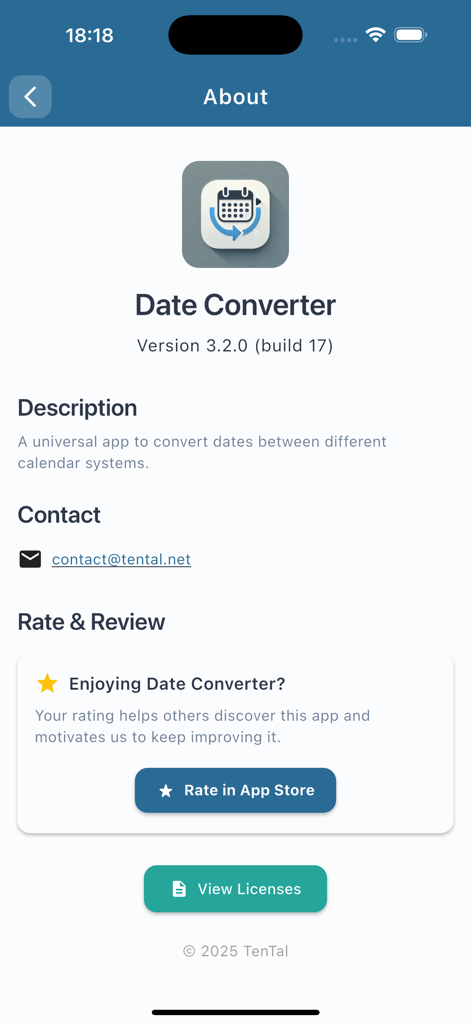 Pantalla Acerca de de la aplicación Convertidor de Fechas que muestra información de la versión y el correo electrónico de contacto de soporte