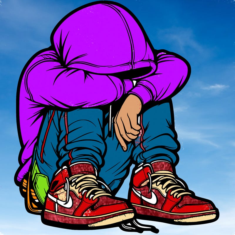 depressed man wearing hoodie and jordan shoes and baggy jeans
