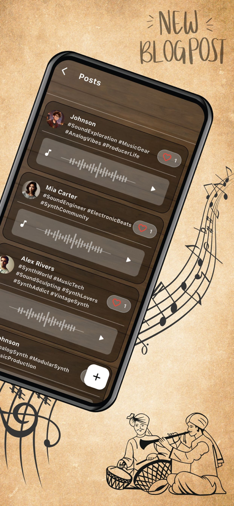Una pantalla móvil que muestra un feed social con grabaciones de música y perfiles de usuario de la app Cajon Flamenco.