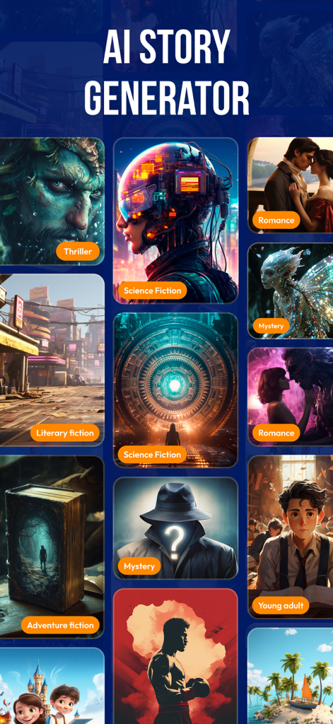 AI Story and Novel Generator - AI Story and Novel Generator app interface displaying different fiction categories including Science Fiction, Romance, and Mystery.