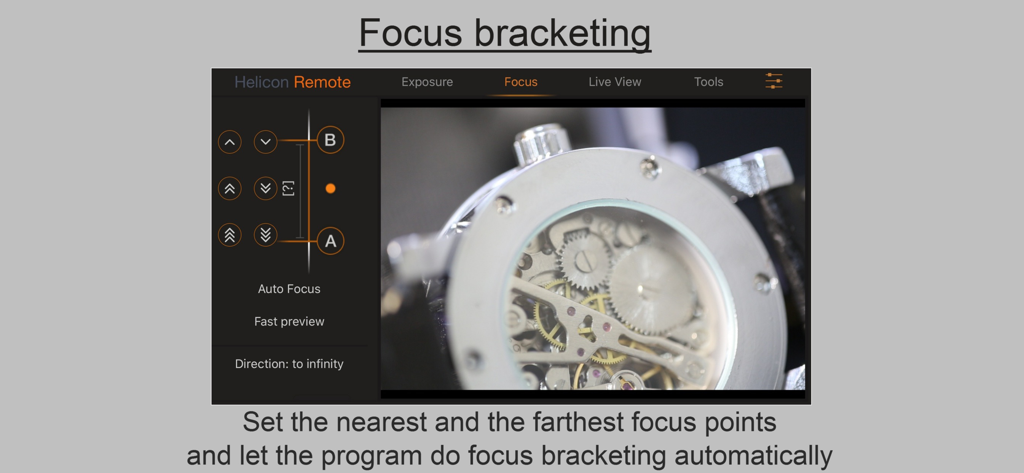 Helicon Remote - Helicon Remote app interface showing automated focus bracketing setup for a macro photograph of a watch mechanism.