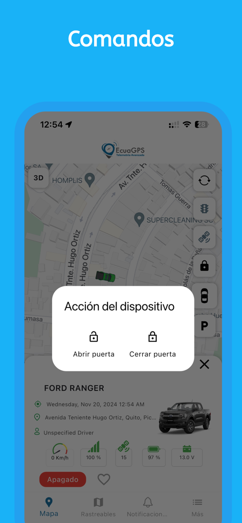 EcuaGPS - EcuaGPS mobile app screenshot showing remote vehicle door lock and unlock commands